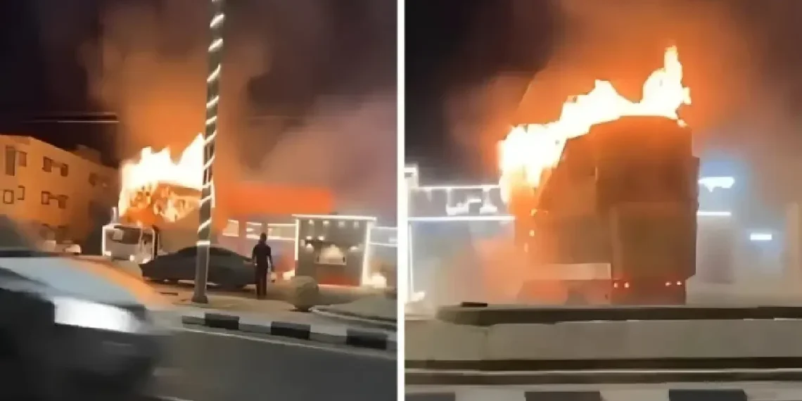 Truck caught fire at petrol pump